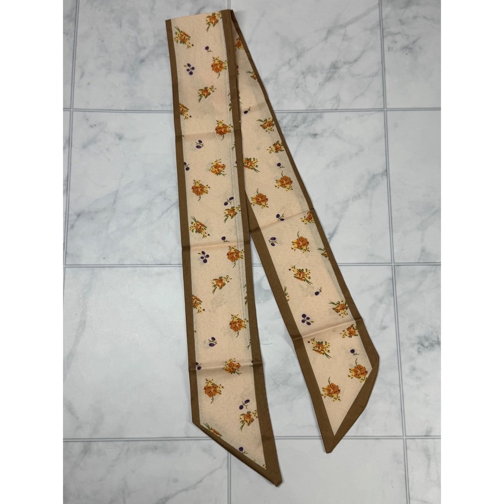 Floral Skinny Scarf Cream Brown Orange Flower Print Neck Tie Hair Ribbon NEW